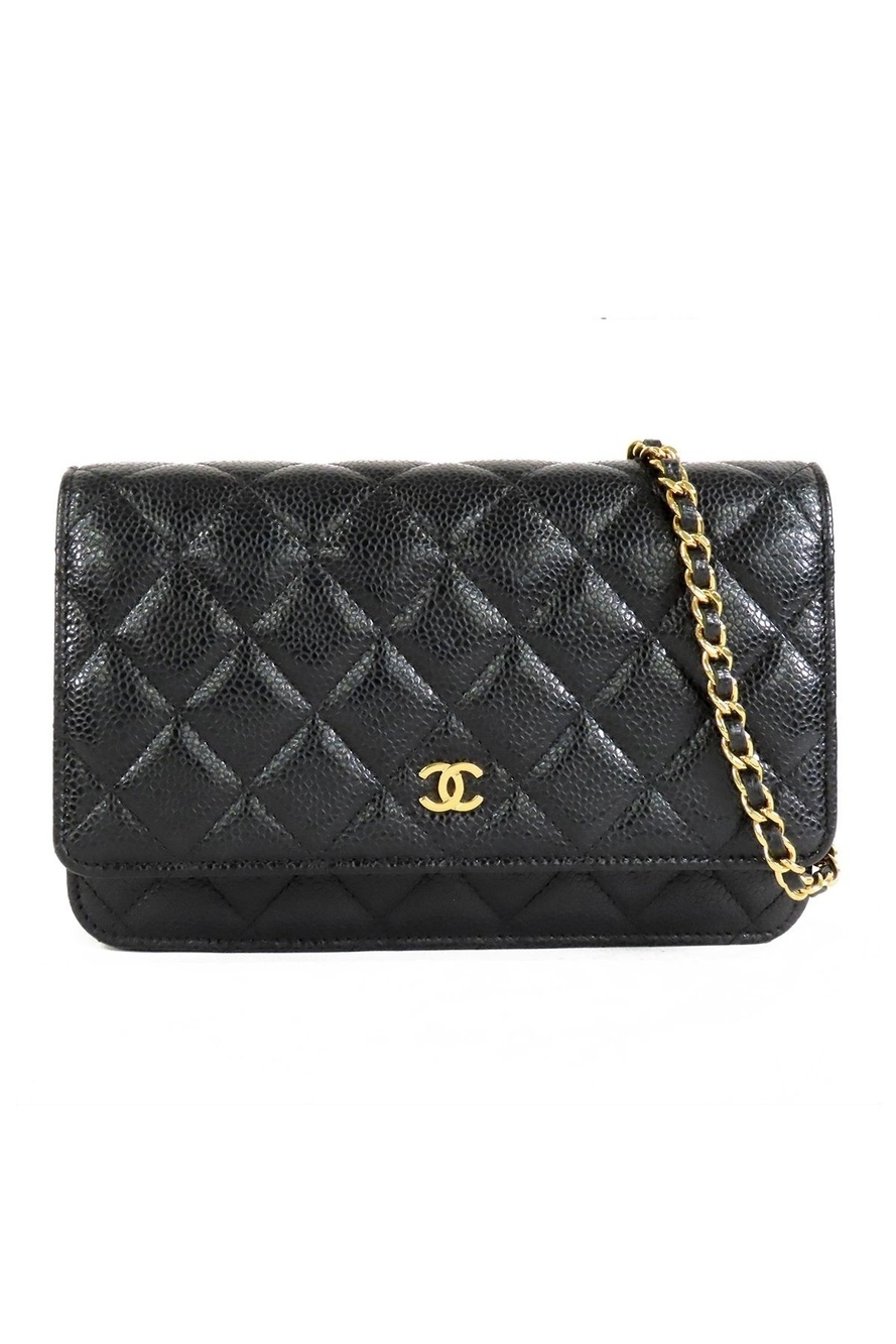 Chanel Chain Wallet Black Gold Caviar Leather CC Logo Shoulder Bag